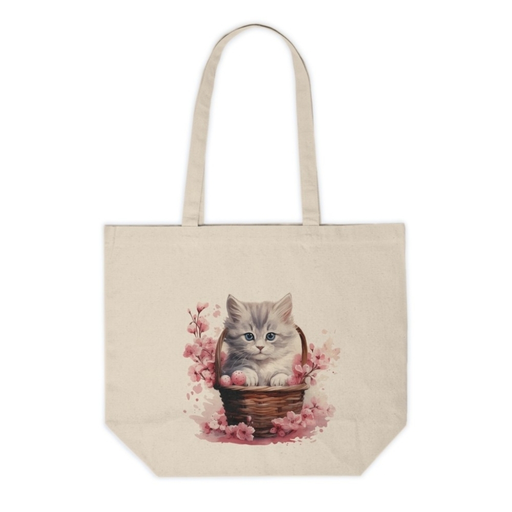 Floral Cat in a Basket Custom Canvas Tote Bag